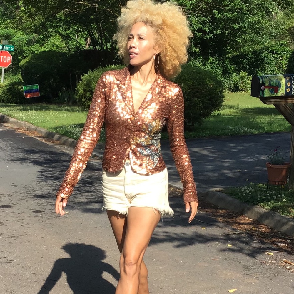 Sequin stretch shine shirt top jacket bling S rock